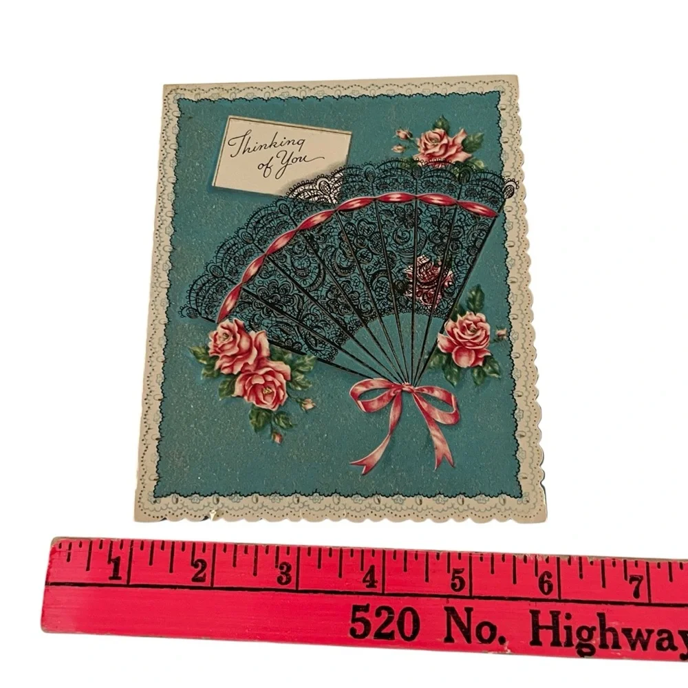 Unused Vintage 50s Thinking of You Card Fan and Roses Scalloped Friendship